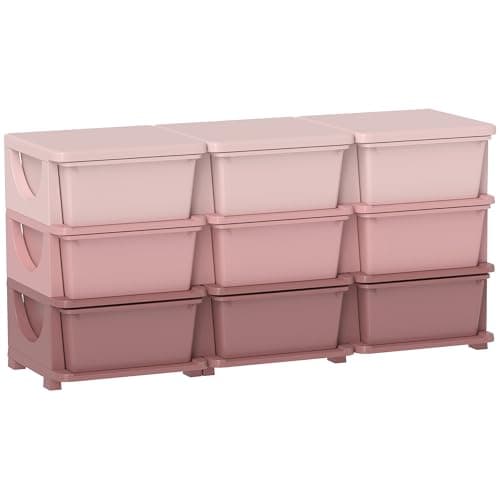 Image of HOMCOM 9 Drawers Plastic Storage Units, 3 Tier Kids Storage Units, Children Toy Chest for Nursery, Playroom, Bedroom, Pink