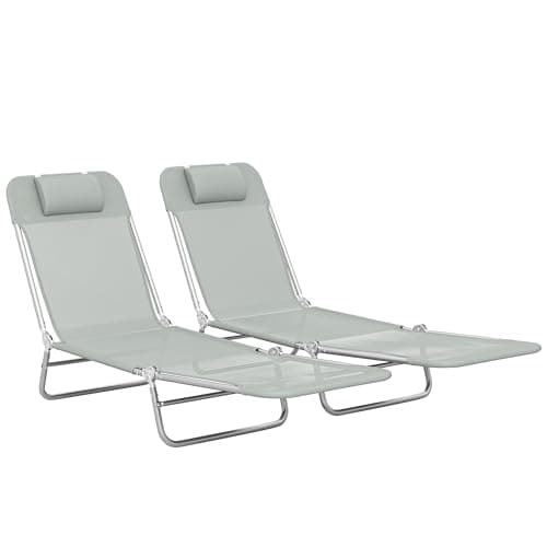 Image of Outsunny Folding Sun Loungers for Garden Set of 2, Texteline Reclining Sun Bed with 5 Position Adjustable Backrest, Headrest, Portable Garden Lounger Recliner Chair for Beach, Patio, Camp, Light Grey