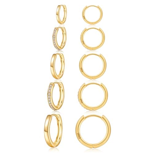 Image of JEMARA Gold Hoops Earrings for Women 14K Gold Plated Hoop Earrings Hypoallergenic Small Hoops Cartilage Sleepers Huggie Earrings for Women (5 Pairs)