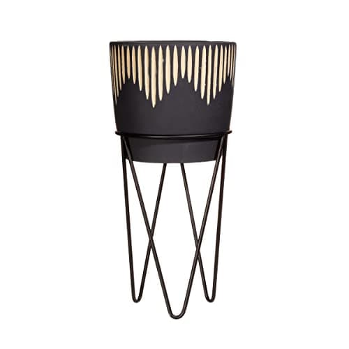 Image of Sass & Belle Black Sgrafitto Planter With Wire Stand
