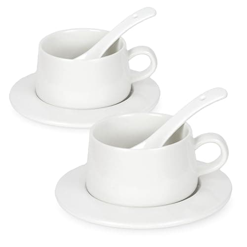 Image of Aramanara 230 ml Tea Cup and Saucer Set of 2, Ceramic Cappuccino Cups, White Coffee Cups with Spoons for Coffee Tea Drinks Latte Americano Espresso