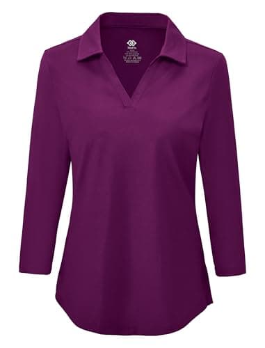Image of MoFiz Women's Polo Shirts 3/4 Sleeve Cotton Golf Shirt V-Neck Casual Work Sports Tennis Golf Top Purple