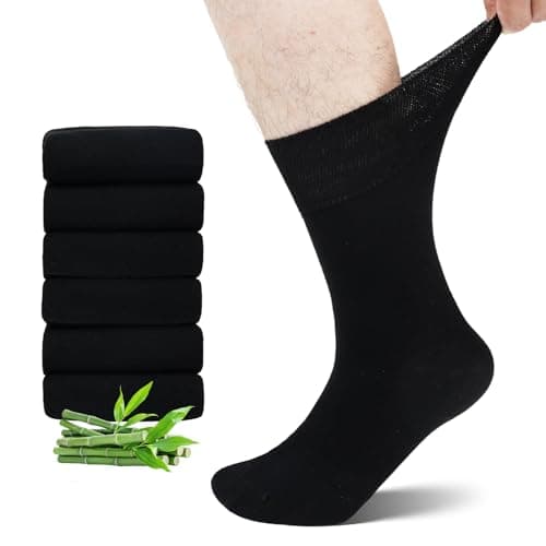 Image of LOFIR Diabetic Socks for Men Women: Bamboo Soft Top Crew Socks Loose Wide Fit - Non Elastic Seamless Gentle for Swollen Feet Ankles Legs Elderly Pregnancy 6 Pairs Size 9-11 Black