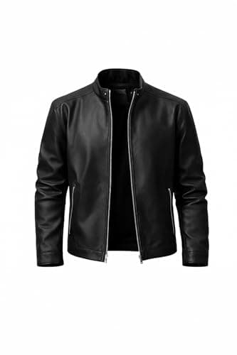 Image of AZMIQ Men's Classic Black Leather Jacket - Genuine Lambskin Slim Fit Café Racer - Premium Moto Outerwear (Black) (Black, L)