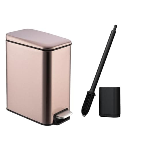 Image of Bathroom Bin, 1.1 Gallon (5L) Trash Can with Toilet Brush,Small Steel Pedal Slim Bin with Inner Bucket, Soft Close and Stays Open, for Living Room, Bedroom and Kitchen, Rectangle, Rose Gold