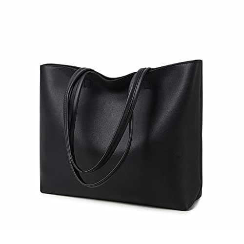 Image of MEEGIRL Ladies Tote Bags Simple PU Leather Handbags Work School Shopping Bags for Women with Zip and Inner Pocket (Black)