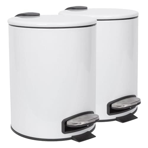 Image of Harbour Housewares 5L Bathroom Bins - White - Pack of 2 - Round Stainless Steel Pedal Bin Slim Kitchen Rubbish Trash Can Garbage Dustbin with Lid and Inner Bin Liner Bucket