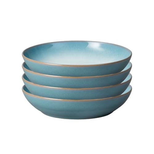 Image of Denby - Azure Haze Blue Pasta Bowls Set of 4-1050ml Large Stoneware Ceramic Classic Bowls for All Pasta Dishes - Dishwasher Safe - Blue, White Reactive Gradient Glaze - Chip Resistant