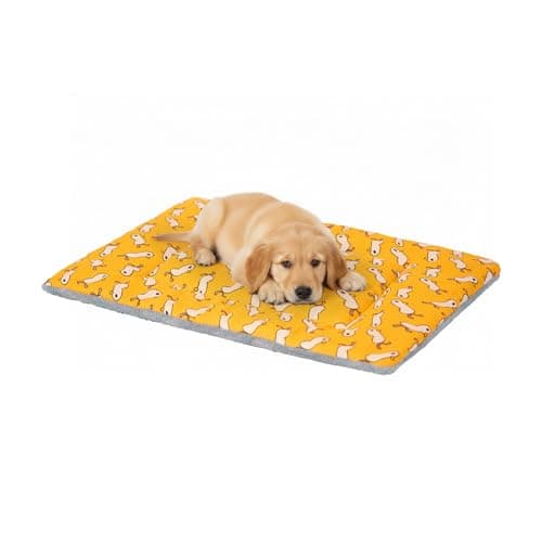 Image of Dogat 70x50 cm Mediuml Dog Bed Mattress Washable, Flat Dogs Crate Mat for Calming Anxiety in Yellow, Pet Cushion Beds with Fluffy Plush Side