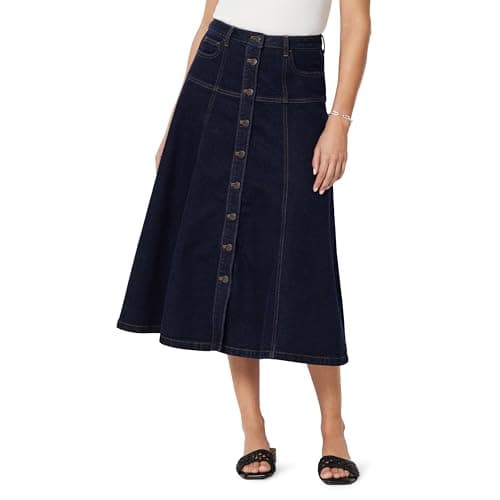 Image of Amazon Essentials Women's A-Line High-Rise Denim Button-Down Midi Skirt, Rinse Denim, 0
