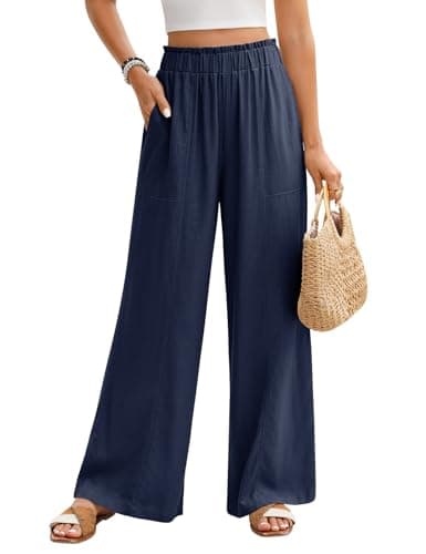 Image of PASUDA Womens Linen Trousers Elasticated High Waisted Palazzo Pants for Women Casual Wide Leg Trousers with Pockets Ladies Elegant Summer Pants Loose Lounge Flowy (Navy, XXL)