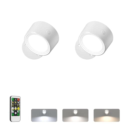 Image of LED Wall Reading Lights with Remote, 2 Pcs Rechargeable Wall Mounted Reading Sconces Lamp 3000mAh, 3 Colors & Dimmable Magnetic 360° Rotation Wall Lighting Spotlights for Bedroom Bedside, White