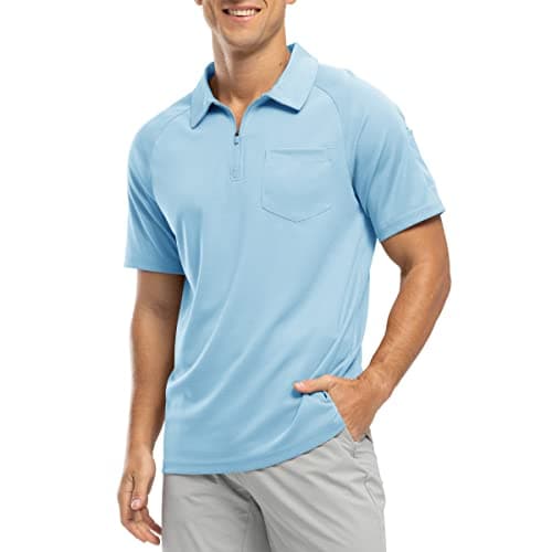 Image of Rdruko Mens Polo Tops 1/4 Zip Short Sleeve Summer Casual Smart Breathable Golf Tennis Top Quick Dry Hiking Work T Shirts with Pocket Sky Blue L