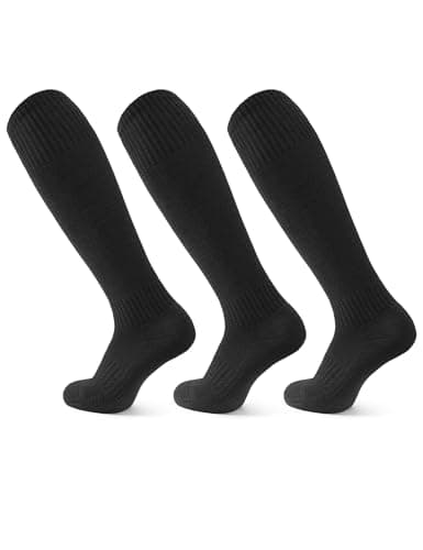 Image of JOCMIC 3 Pairs Kids Football Socks, Junior Knee High Sports Socks Boys Long Cushioned Training Rugby Hockey Socks Aged 5-12, Black