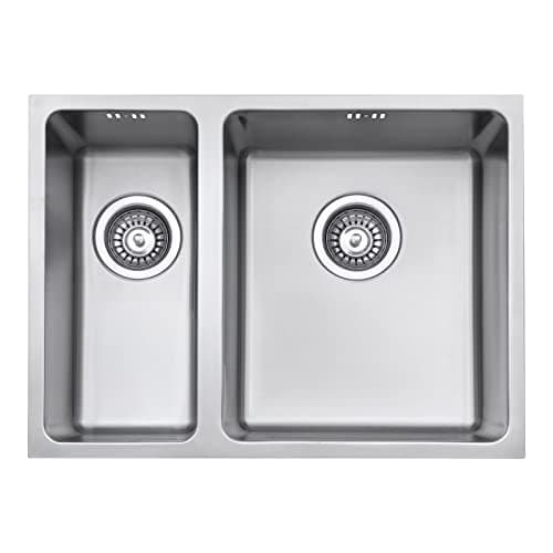Image of JASSFERRY Undermount Stainless Steel Kitchen Sink 1.5 One Half Bowl Lefthand Smaller Bowls with Strainer Waste & Pipe Kit 590 X 440 mm