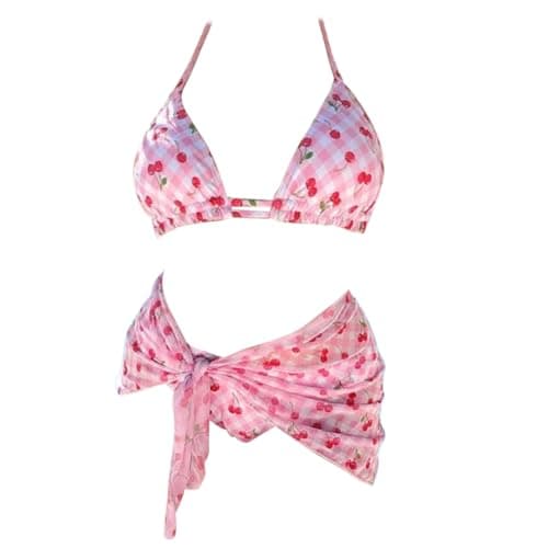 Image of TFAOYS 3PCS Women Two Pieces Swimsuit Print Swimwear with Beach Wrap Skirt, String Swimming Costume Fruit Print Bathing Suit Swimsuit Set