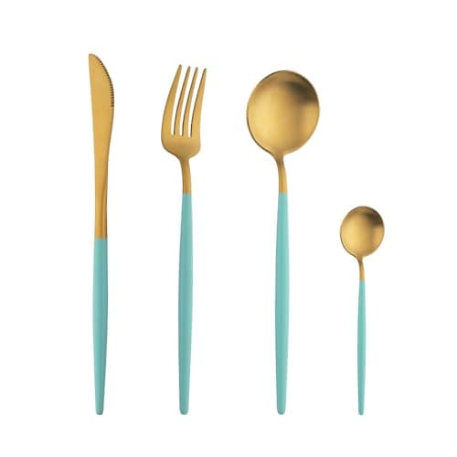 Image of BISDARUN Stainless Steel Coloured Handles Cutlery with Matt Polish Unusual Flatware Set Funky Kitchen Forks Knives and Spoons Service for (Blue Gold 4-Piece Cutlery Set, 1 Person(1 Set))