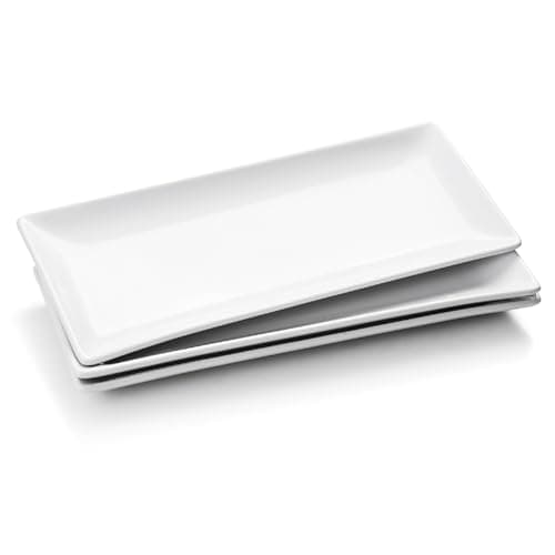 Image of WishDeco Ceramic Serving Platters Set of 3, White Rectangular Plates L35 cm x W15 cm, Large Serving Trays 14 inch, Porcelain Serving Dishes, Party Platters for Dessert, Buffet, Snack, Steak, Fruit