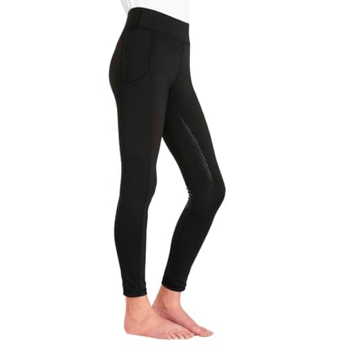 Image of Kids Equestrian Riding Tights - Full Silicone Seat Grip - 4-Way Stretch Fabric - Dual Phone Pockets - Deep Elastic Waistband - Durable Polyester & Elastane Blend - Machine Washable - Black - 13-14YR