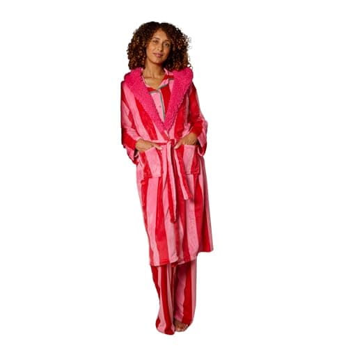 Image of Sienna Dressing Gowns Womens Candy Stripe Super Soft Plush Flannel Fleece Hooded Bathrobe with Pockets Winter Warm Ladies Dressing Gown for Sleepwear Loungewear, Pink