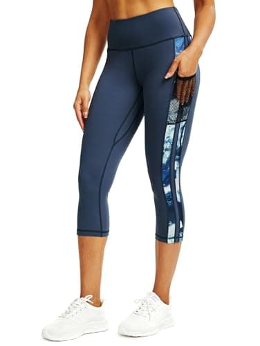Image of Tuspryt Women's 3/4 Jogging Bottoms with Pockets, Sports Trousers Women's 3/4 Length with Tummy Control and Four-Way Stretch, Black, XS-XXL, Deep Blue/Print, M