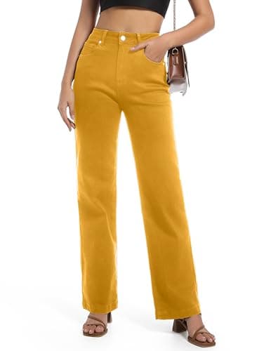 Image of Guaile Women's Jeans High Waisted Straight Leg Stretchy Jeans Trendy Wide Leg Tummy Control Loose Casual Denim Pants, Yellow, 14