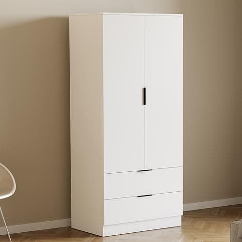 Image of Vida Designs Trega 2 Door 2 Drawer Wardrobe White - Space-Saving Bedroom Storage Unit - 170H x 76W x 53D cm - Engineered Wood - Hanging Rail, Shelves, Glide Drawers - Ideal for Bedroom & Living Space