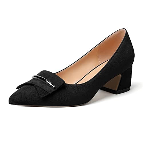 Image of Elashe Women Pointed Toe Pumps Mid Block Heels Business Formal Dress Shoes for Office Lady Suede Black EU39