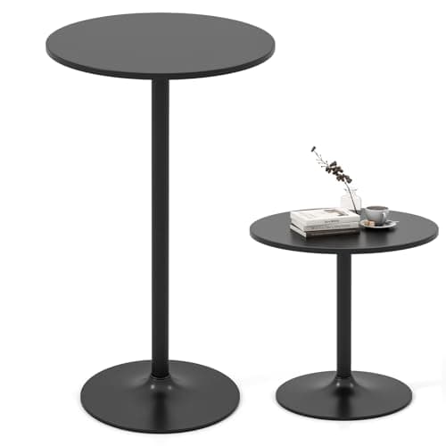 Image of COSTWAY 2-in-1 Bar Table Set of 1/2, 56cm/101cm Height Adjustable Coffee Table with Detachable Pole & Metal Base, 60cm Round Cocktail Dining Table for Dining Room, Restaurant, Kitchen (1, Black)