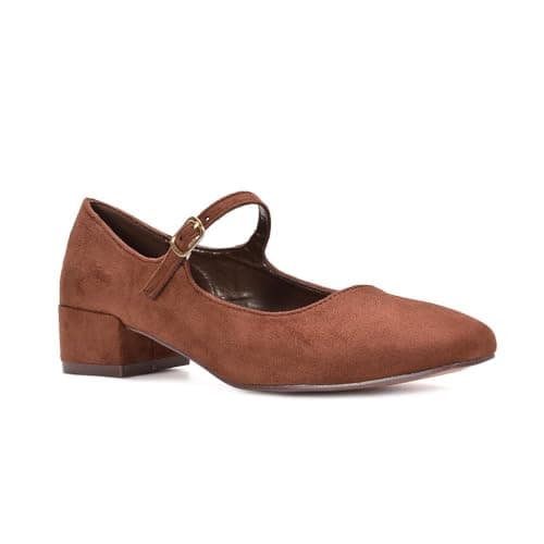Image of Women's Low Heel Court Shoes Ladies Brown Faux Suede Mary Jane Adjustable Buckle Strap Working Evening Shoes Size 6