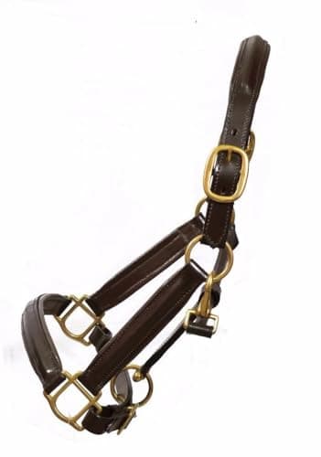 Image of Aces Equine LEATHER HORSE ADJUSTABLE HEADCOLLAR HALTER FULLY RAISED AND PADDED BRASS FITTING (BROWN) (PONY)