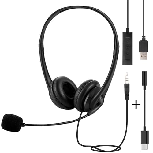 Image of USB Headset for PC Laptop Phone, 3.5mm / USB / Type-C Jack 3-In-1 Wired Headphones with Noise Cancelling Mic & Audio Controls, Adjustable Headband Headset for Call Centers, Home Office, Online Chat