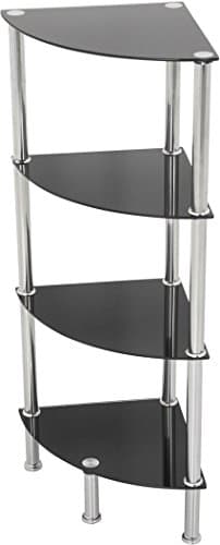 Image of AVF S64 4 Shelf Corner Shelving Storage Unit in Black Glass and Chrome Legs