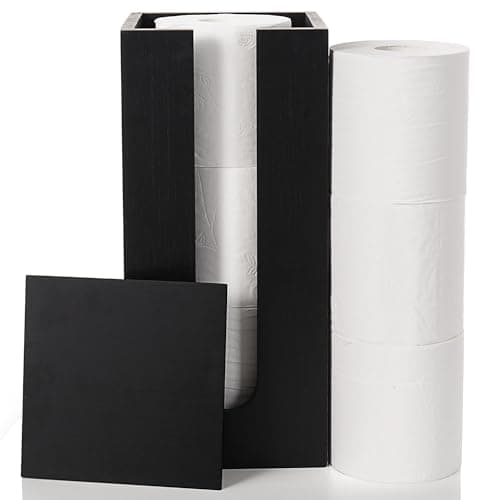 Image of Woodluv Toilet Roll Holder with Lid, Toilet roll holder Freestanding, Bathroom Storage, Bamboo Loo Roll Holder, Bathroom Storage Unit, Black