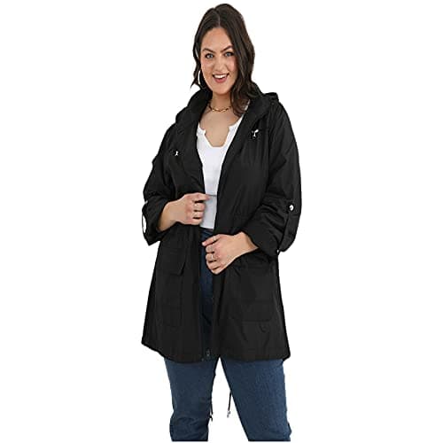 Image of MyShoeStore Ladies Rain Mac Waterproof Parka Jacket with Hood - Black Plain UK Size 14 Mid-Thigh Length Fishtail Coat