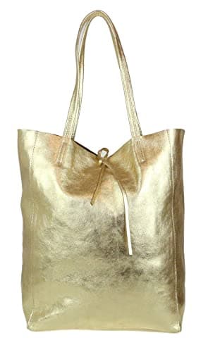 Image of Girly Handbags Womens Open Top Genuine Leather Handbag - Metallic Gold