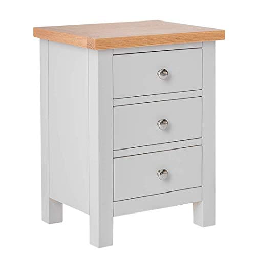 Image of RoselandFurniture Farro Grey Bedside Table Quality 3 Drawer Bedside Cabinet with Oak Top | Fully Assembled Painted Solid Wooden Side End Nightstand for Bedroom, Bathroom, and Hallway
