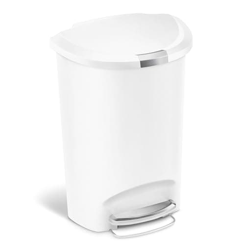 Image of simplehuman CW1356 50L Semi-Round Kitchen Pedal Bin with Lid Lock, Silent Soft Close Lid, Strong Steel Pedal, Large Capacity, White Plastic