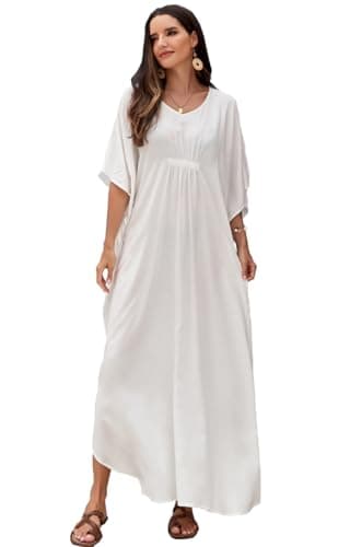 Image of PHLCEhot Women's Cotton Blend Maxi Long Tunic Dress Plus Size Kaftan Beach Dress Bikini Cover Ups White