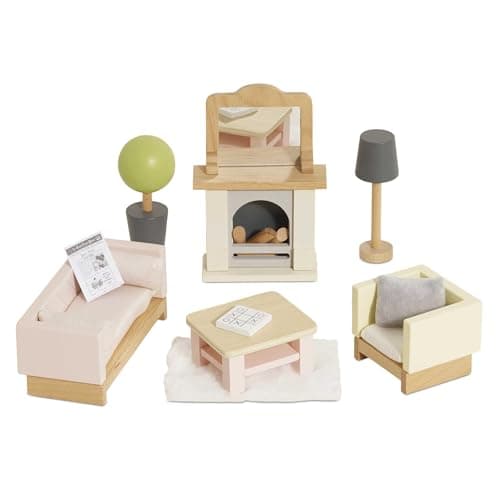 Image of Le Toy Van Wooden Daisylane Sitting Room Doll's House Furniture Set With Sofa, Chair, Cushions, Coffee Table, Coffee Set, Cat and Fireplace Ideal For 10-15cm Dolls