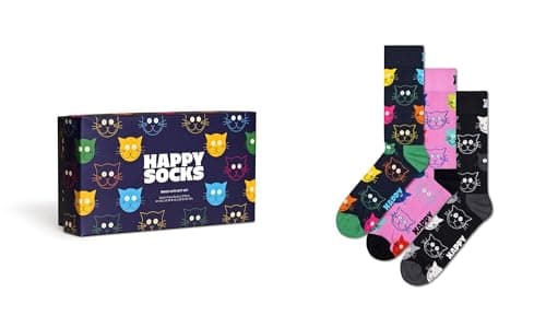 Image of Happy Socks, 3-Pack Gift Box Crew Socks, Mixed Cat Socks Gift Set for Men and Women, Size 41-46