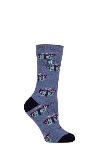 Image of HEAT HOLDERS RHS The Royal Horticultural Society Women's Thermal Socks x RHS 1.6 TOG Lite, Warm, Fruit, Floral & Botanical Patterned, Gift for Gardeners, 1 Pair Size 4-8 Butterflies Denim 4-8