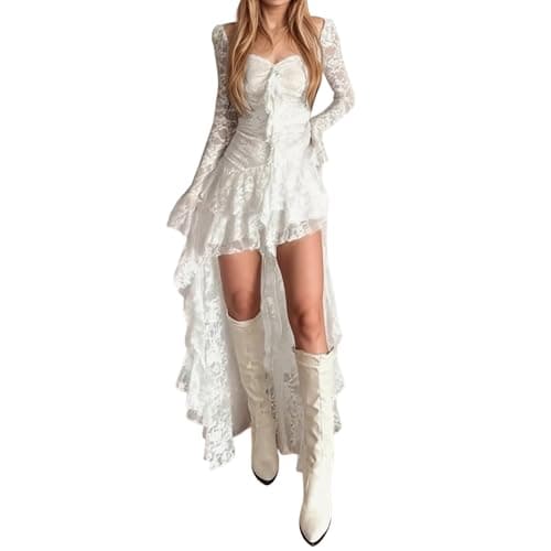 Image of Eauptffy Women's Lace Long Sleeve Square Neck Ruffle Irregular Dress Front Short Back Long Dresses Elegant Evening Dress Boho Beach Dress Sexy Wrap Dress, O White, L