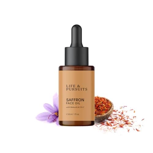 Image of Life & Pursuits Saffron Face Oil 30 ml with Bakuchi, Vitamin C, Squalane for Face Brightening, Moisturizing. Lightweight Ayurveda Daily Face Massage oil with Turmeric, Vitamin E