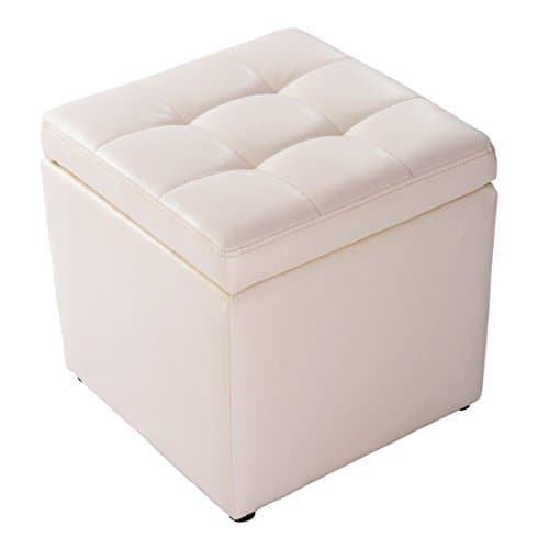 Image of COSTWAY Linen Fabric/Faux Leather Ottoman, Pouffe Storage Toy Box with Hinge Top | Padded Foot Stool, Cube Bench Seater for Living Room, Bedroom & Office, 150Kg Capacity (Faux Leather, Cream White)