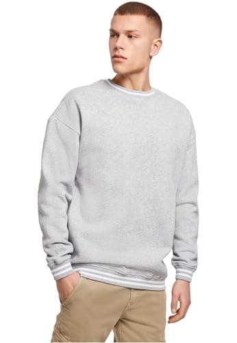 Image of Build your Brand Men's Sweatshirt College Crew Pullover Sweater for Men with Stripes on Cuffs Sizes S - 5XL - - M Heather Grey/White