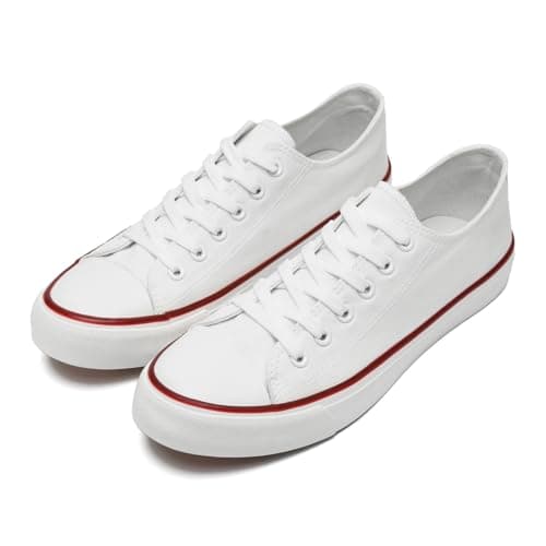 Image of rosyclo Canvas Shoes for Women and Men, Low Top Canvas Sneakers Fashion Lace Up Comfortable Womens Classic Casual Tennis Walking Shoes, White, 13 Women/11 Men
