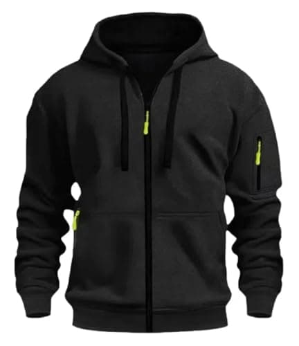 Image of MakingDa Men's Zipped Hoodie Pullover Pockets Long Sleeve Zip-Up Cuffed Shirts Hoody Fleece Solid Regular Fit Casual Hooded Sweatshirt Tops Black L