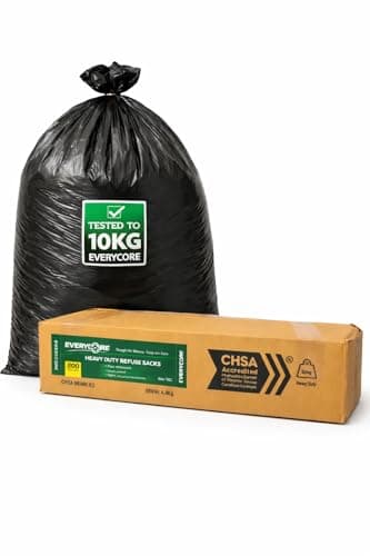 Image of Everycore -10KG Strength Tested. 90L, Black Bin Bags, Medium Duty, CHSA Accredited Refuse Sacks, 200 Bulk Value Pack, Reliable Strong Sacks for Kitchen, Office & Commercial Waste (Everycore 10KG)