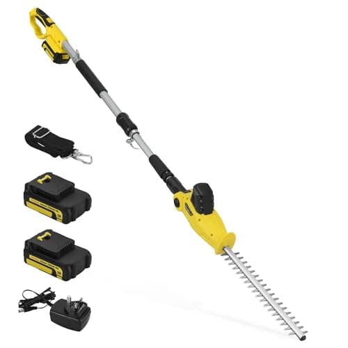 Image of Cordless Pole Hedge Trimmer, PHIWOS 2.0Ah Battery and Charger Include – Electric Hedge Cutter with Telescopic Extendable Reach – Dual Action Blades, 90º Adjustable Trimmer (2Batteries)